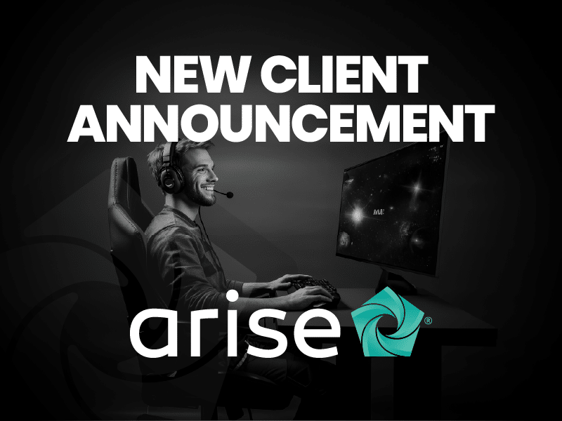 Graphic announcing a new client... Image of a happy male gaming